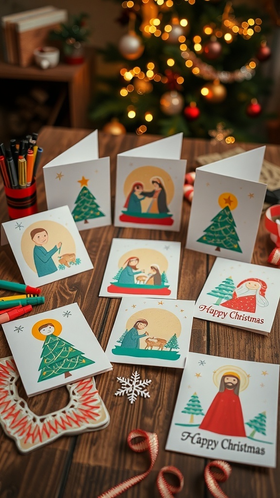 Handmade Christmas cards with Jesus themes on a wooden table with crafting supplies.